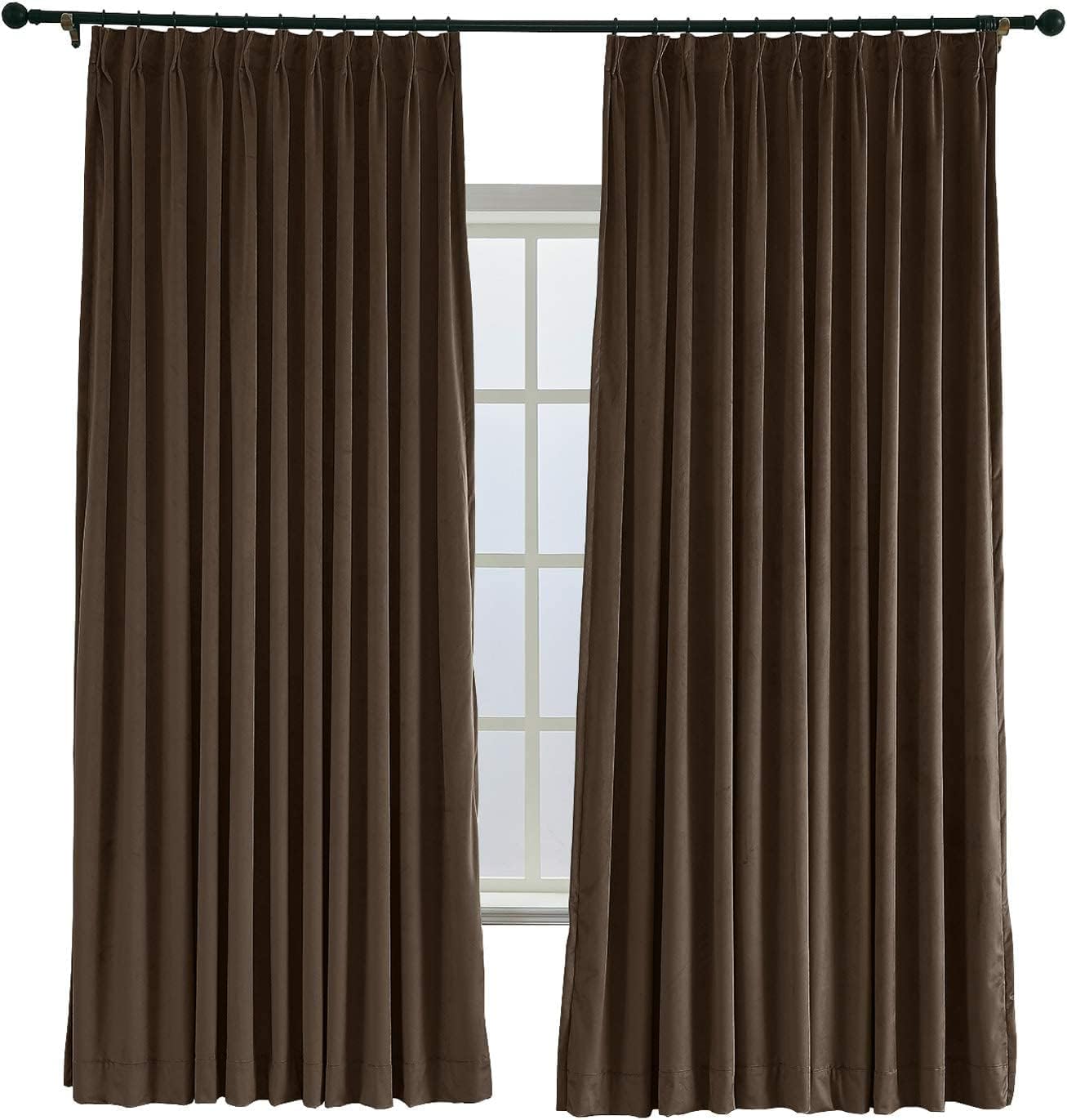 TWOPAGES 72 W x 102 L Pinch Pleat Curtain Room Darkening Velvet Curtain Drapery Panel for Traverse Rod or Track, Living Room Bedroom Meetingroom Club Theater Patio Door (1 Panel), Chocolate