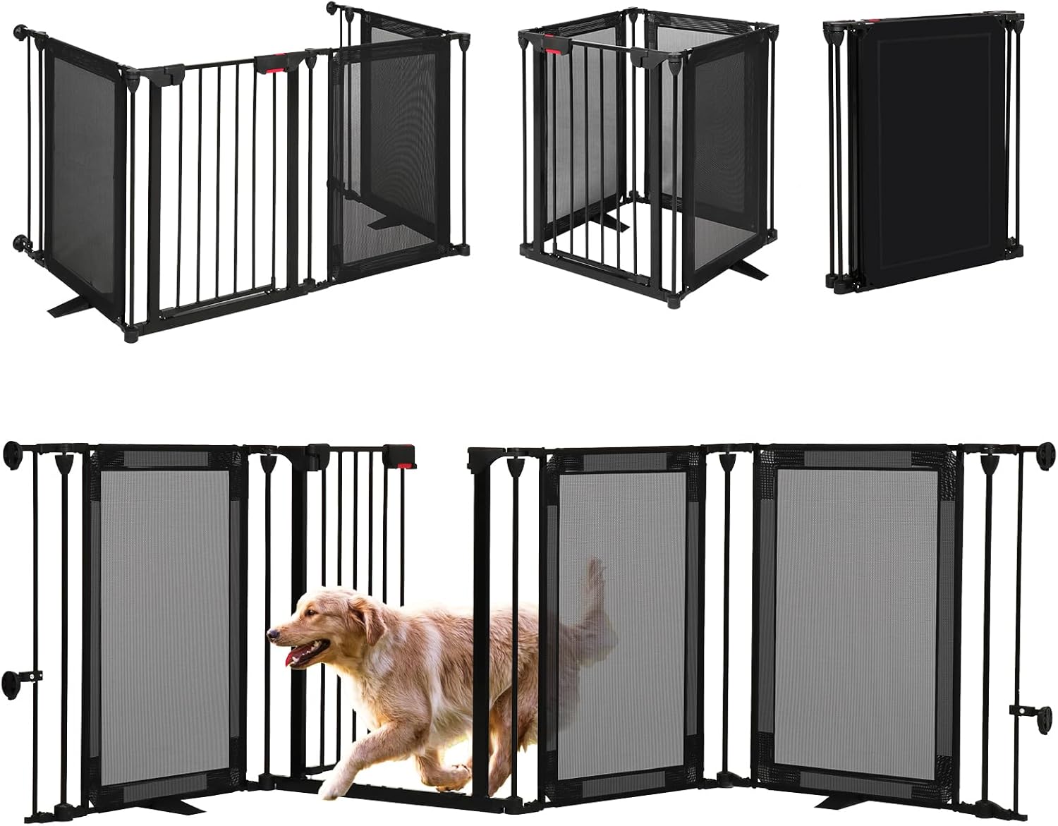 Freestanding Dog Gate, 100" Extra Wide Pet Gate with Auto-Close Door, Foldable Grip-Resistant Dog Fence for Indoor/Outdoor, 29" Tall Pet Barrier for Stairs/Doorways/Fireplace (4 Panels, Black)