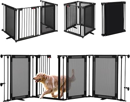 Freestanding Dog Gate, 100" Extra Wide Pet Gate with Auto-Close Door, Foldable Grip-Resistant Dog Fence for Indoor/Outdoor, 29" Tall Pet Barrier for Stairs/Doorways/Fireplace 4 Panels, Black