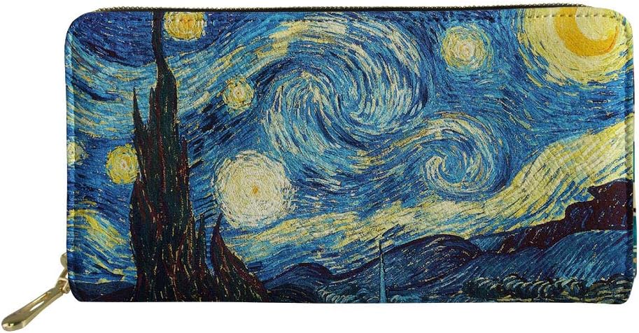 SannovoFloral Long Wallet Girl Teen Zippered Pu Leather Purse Traveling Pouch, Tha Starry Night, One size