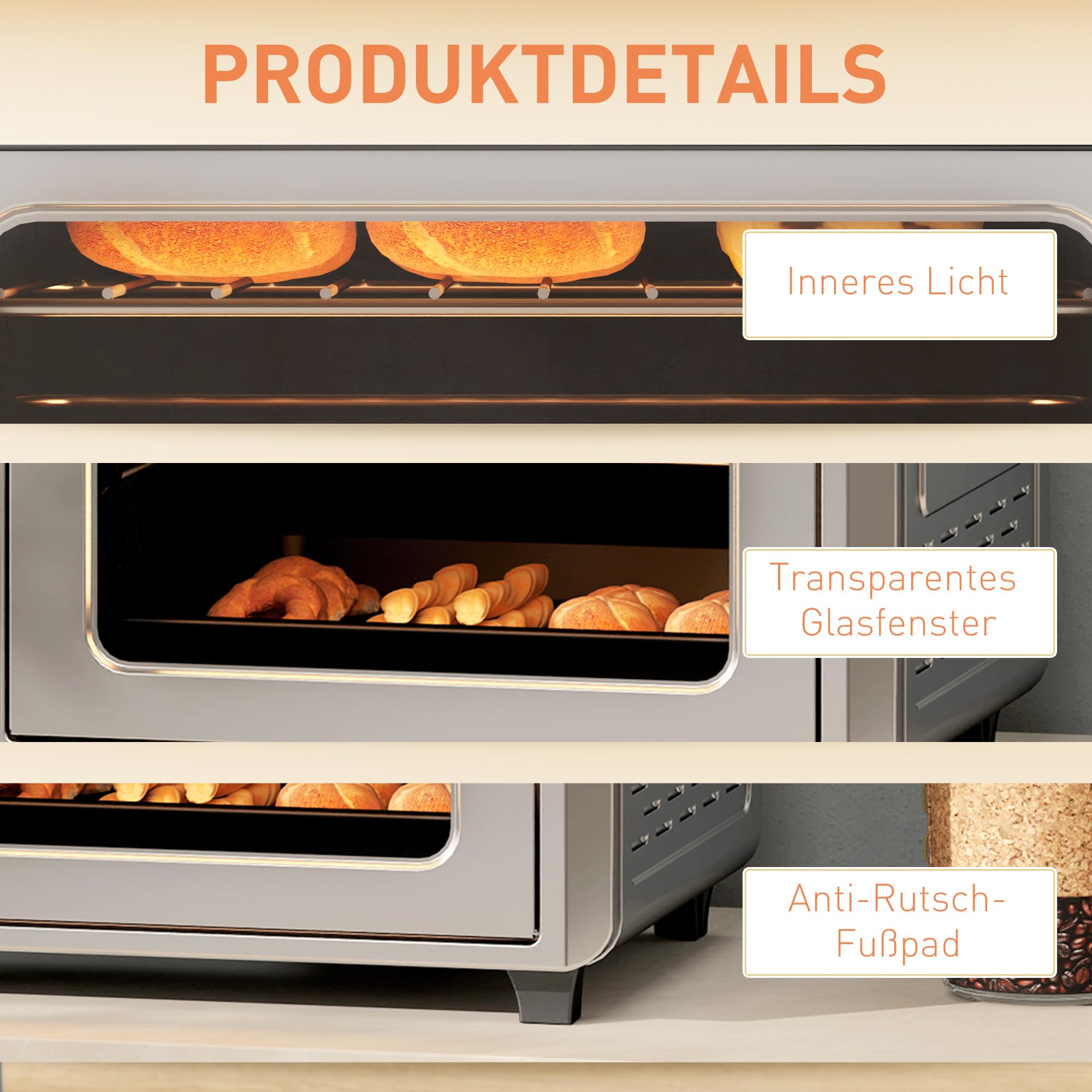 HOMCOM Mini Backofen mit Umluft Minibackofen 24 L 1600W 90-230℃ Silber | 60 Min. Timer, Heißluftfritteuse inkl. Backblech Grillrost, Heißluftofen, Innenbeleuchtung