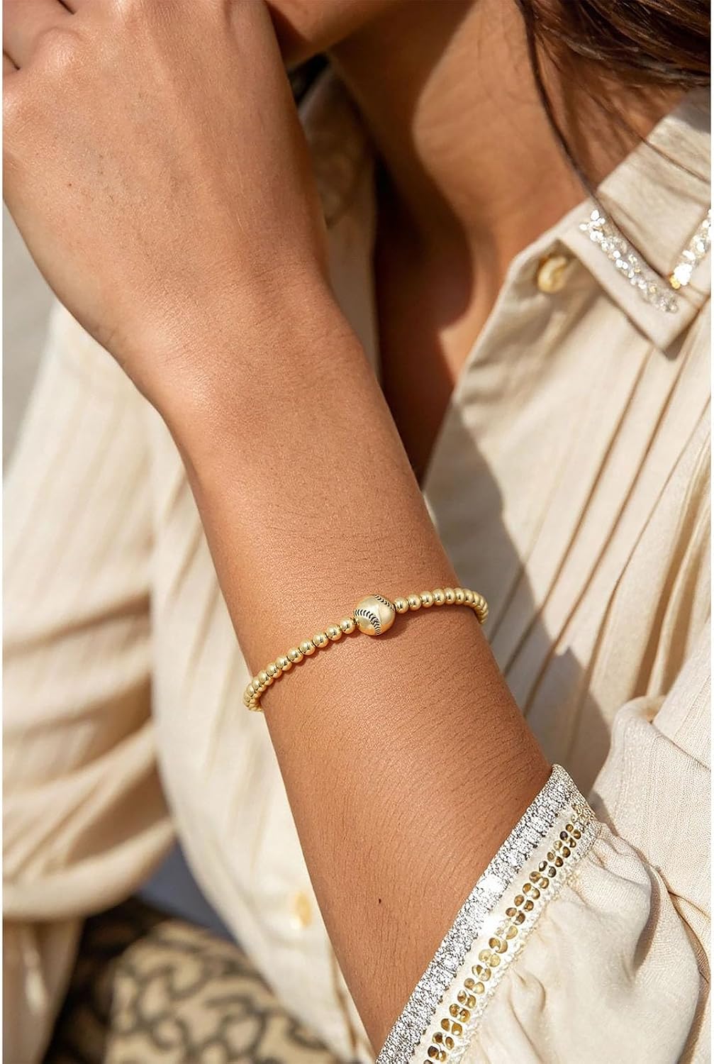 Gold Bracelets for Women, Football Baseball Rugby Basketball Volleyball Soccer Stackable Stretch Bracelets Dainty 14K Gold Plated Charm Beaded Bracelet Non Tarnish Jewelry Gifts for her - Image 2