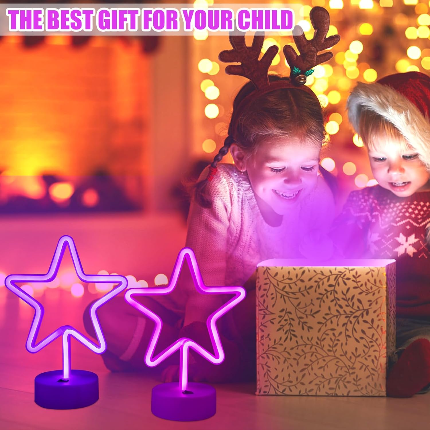 Star Neon Sign LED Star Lights for Wall Decor Battery Powered or USB Neon Star Light with Base Neon Sign for Bedroom Party Bar Gift Birthday Decoration Pink & Purple-2PCS