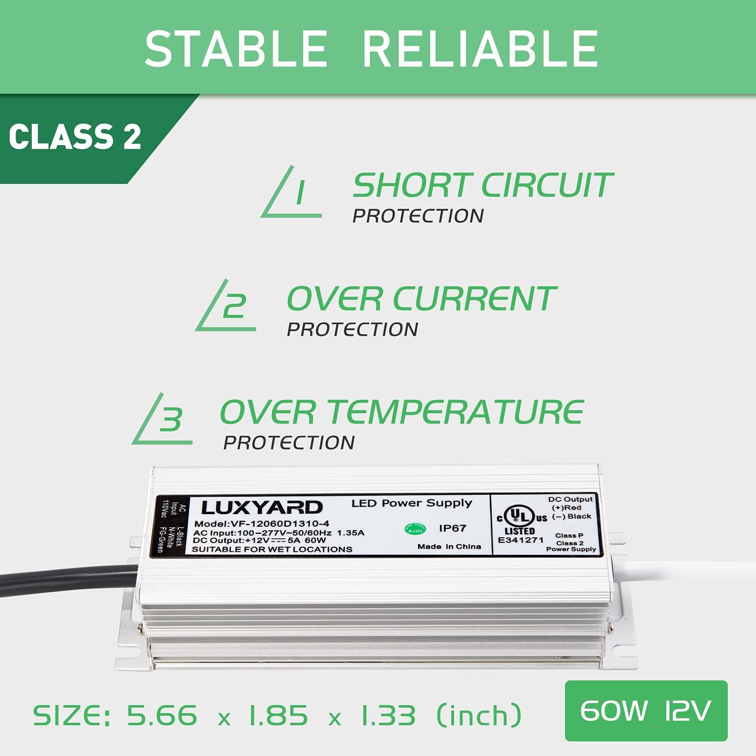 [UL Listed] LUXYARD LED Driver 12v 60W Waterproof IP67 Class 2 LED Power Supply Transformer 100V-277V AC to 12V DC Low Voltage Output for 12V Constant LED Products (60W-12V)