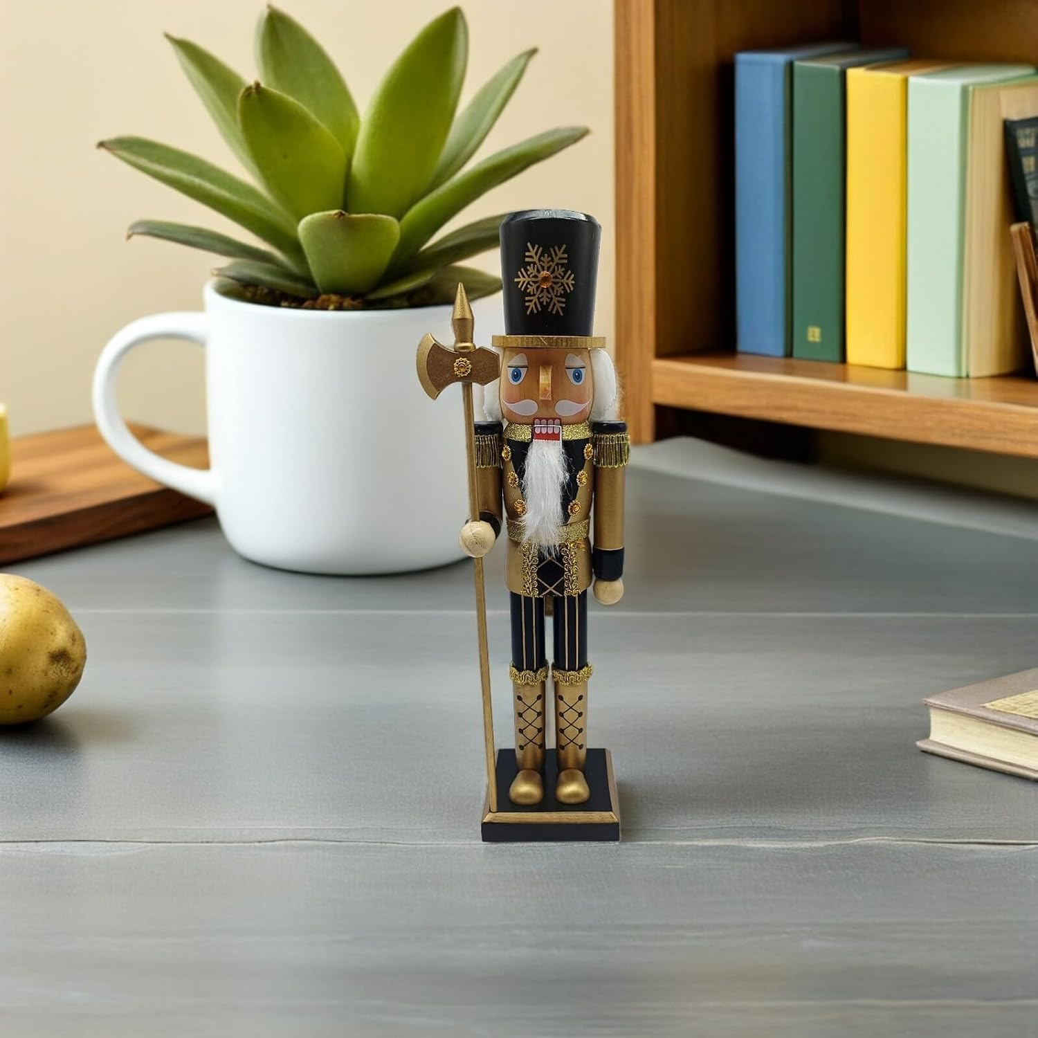 Christmas Nutcracker Figurine Small Wood Soldier Nutcracker Decoration Black Gold Finish Holiday Table Centerpiece for Xmas Home Décor