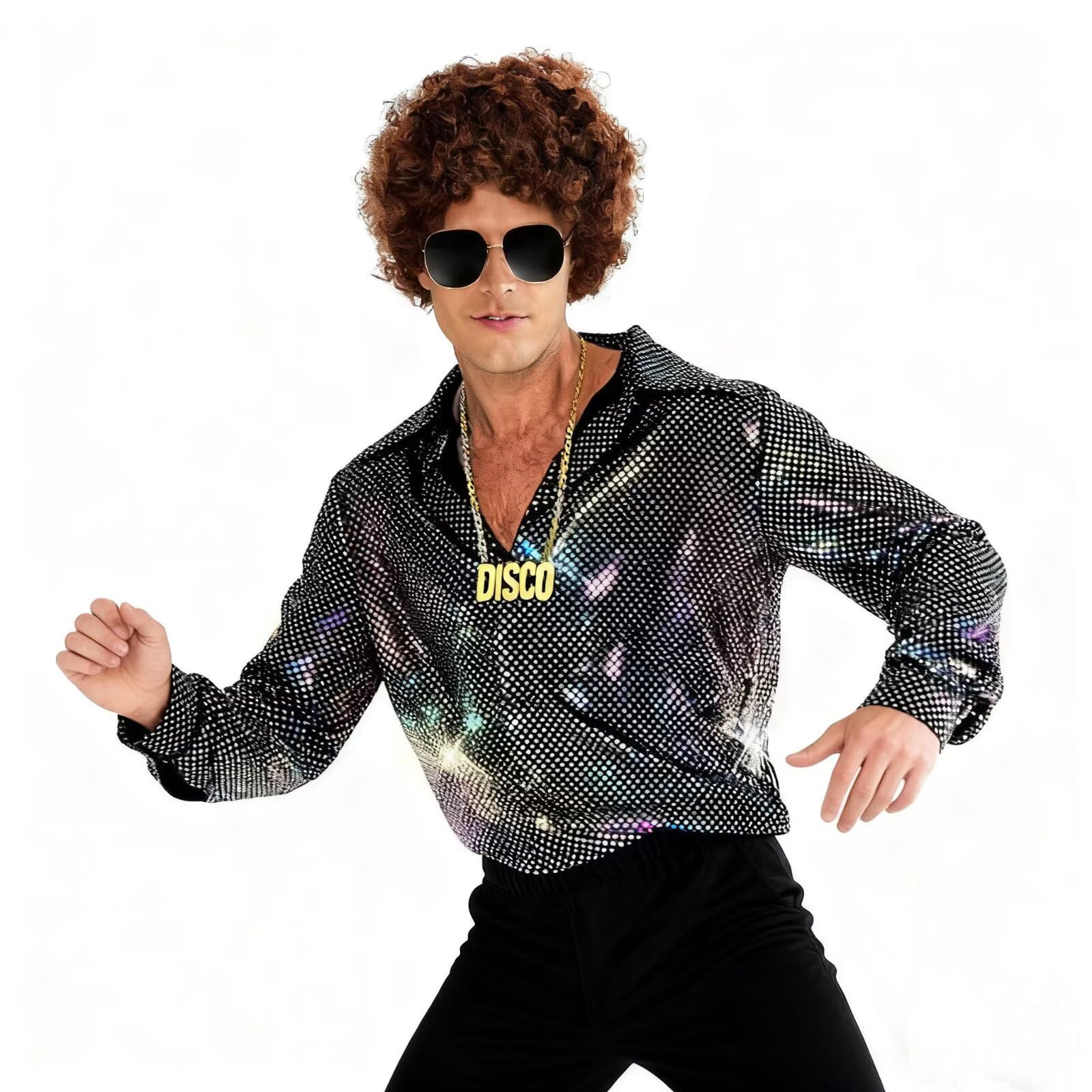 Shuanghao 1970s Disco Shiny Shirt Men Halloween Costumes Hippie Glitter Outfit Fancy Dress for Adult Party Gift Festival Wear Rockstar Carnival Costume UK Men - Image 2