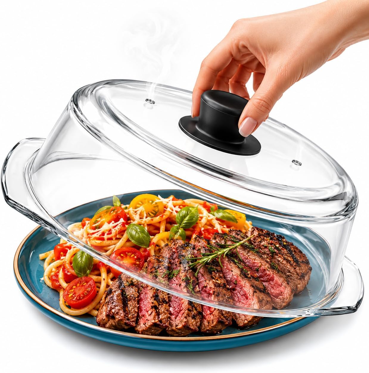 Glass Microwave Splatter Cover for Food,Plate Guard Lid with Ceramic Screw,Plate Splatter Guard Lid with Vent Holes & Easy-Grip Handle，BPA Free, Dishwasher Safe（10in ）