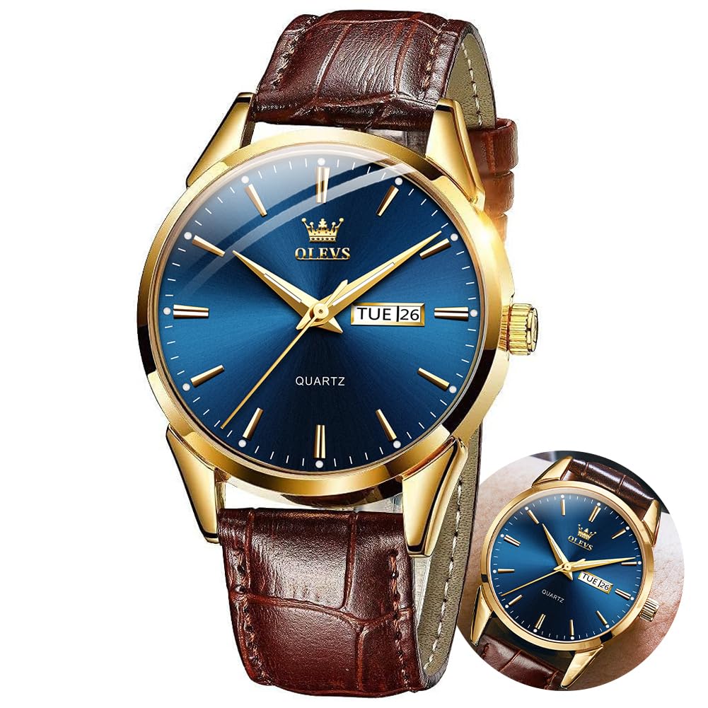 OLEVSMen Watch Leather Analog Quartz Male Dress Week Date Business Classic Luminous Leather Strap 3ATM Waterproof Wrist Watch Lovers