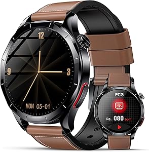 2026 Men’s Smartwatch with ECG/HRV/BMI/Uric Acid, 1.43 Inch AMOLED Health Watch with 24H SpO2 Apnea Sleep Monitor SOS Emergency Call Fitness Watch Android/iOS (Brown Leather)