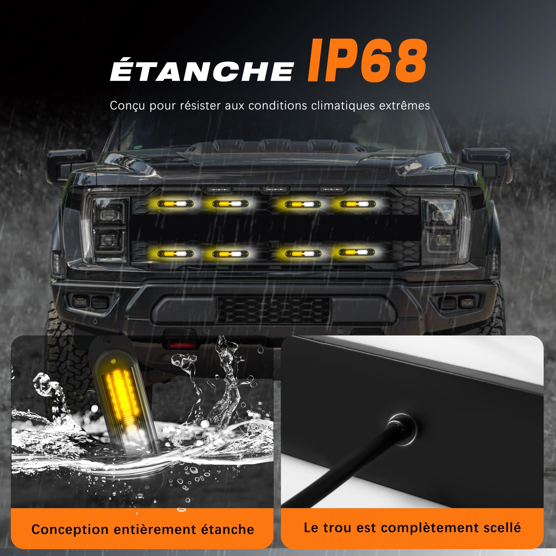 Feux de signalisation avant à LED, lot de 8, 12 V/24 V, clignotants stroboscopiques, étanches IP67, pour camions, quads, SUV, camping-cars et fourgonnettes.