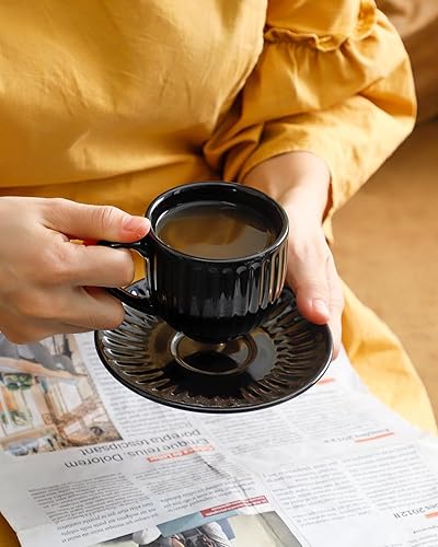 Miniatura 7 de Hasense Tazas de cerámica para capuchino con platillos  6 onzas, juego de 6 tazas de café expreso acanalado para café, té, café con leche y