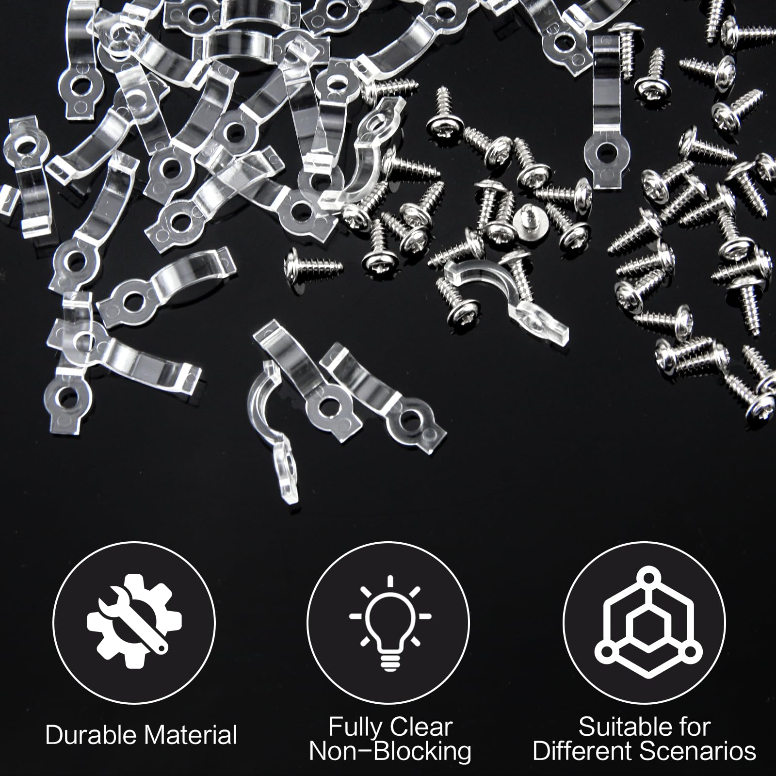 200 strisce LED di fissaggio 8 mm, 9 mm, 10 mm, striscia LED in plastica, fissaggio con 200 viti per il fissaggio di strisce luminose, fissaggio tubo luminoso