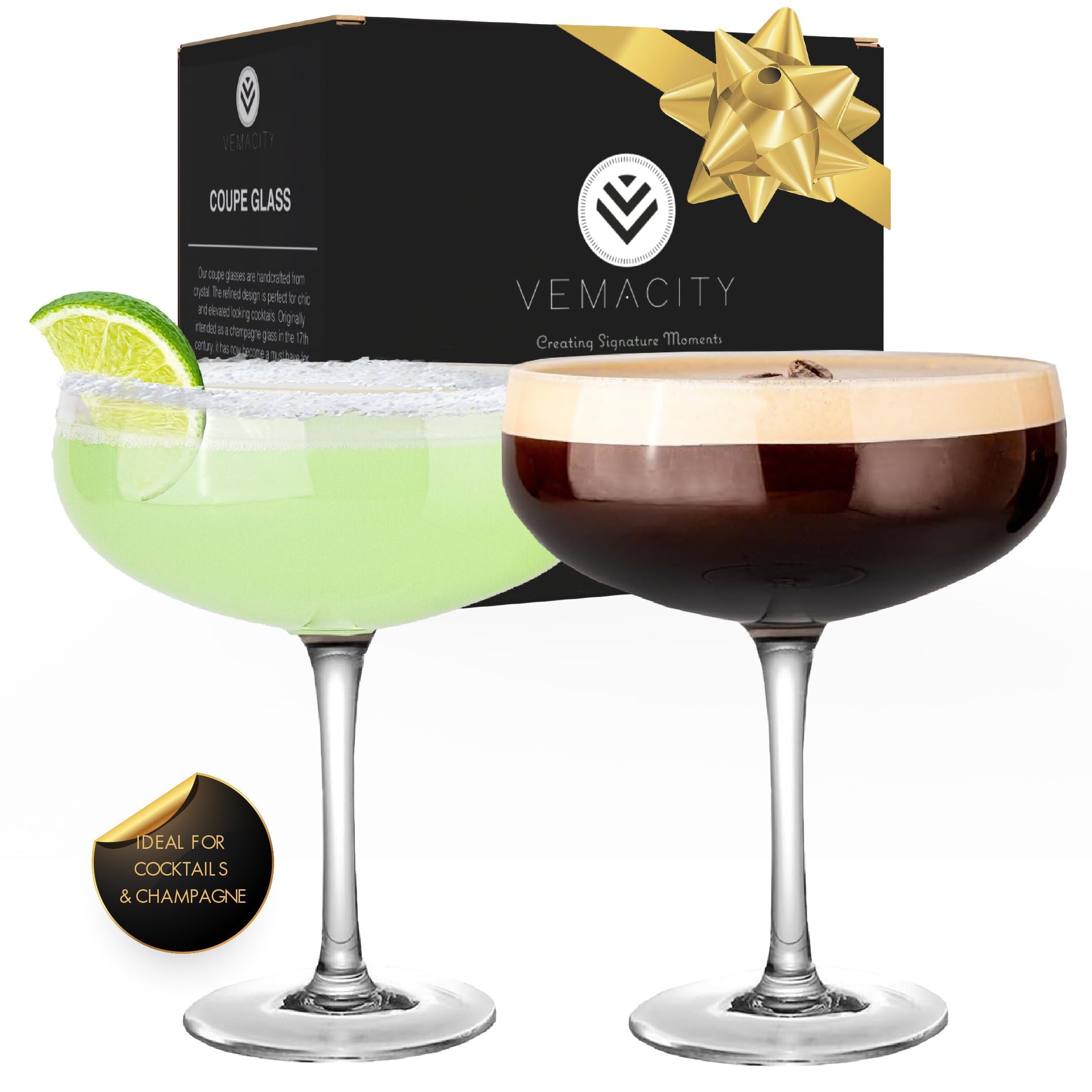 Vemacity Martini Glasses Set of 2 (300ml) | Handmade Crystal Coupe Cocktail Glasses with Elegant Gift Box | Champagne Saucers for Cocktails, Prosecco & Desserts | Dishwasher Safe| Ideal for Christmas