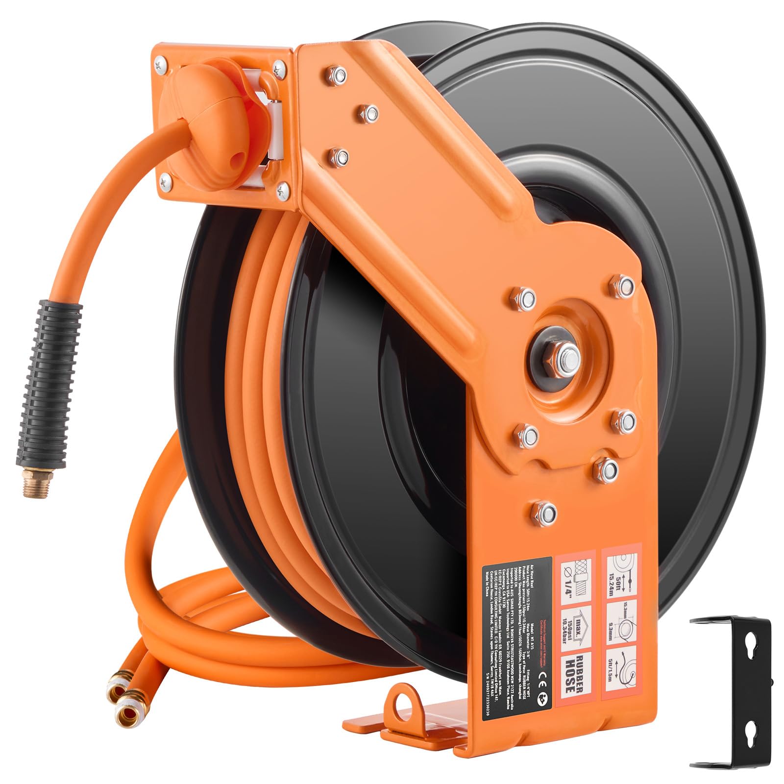 Happybuy Retractable Air Hose Reel, Air Compressor Hose Reel Auto-Rewind with 5FT Lead in, 3/8IN x 50FT Rubber Air Hose Max 300PSI,Ceiling/Wall Mount Heavy Duty Single Arm Reel & 180° Swivel Bracket