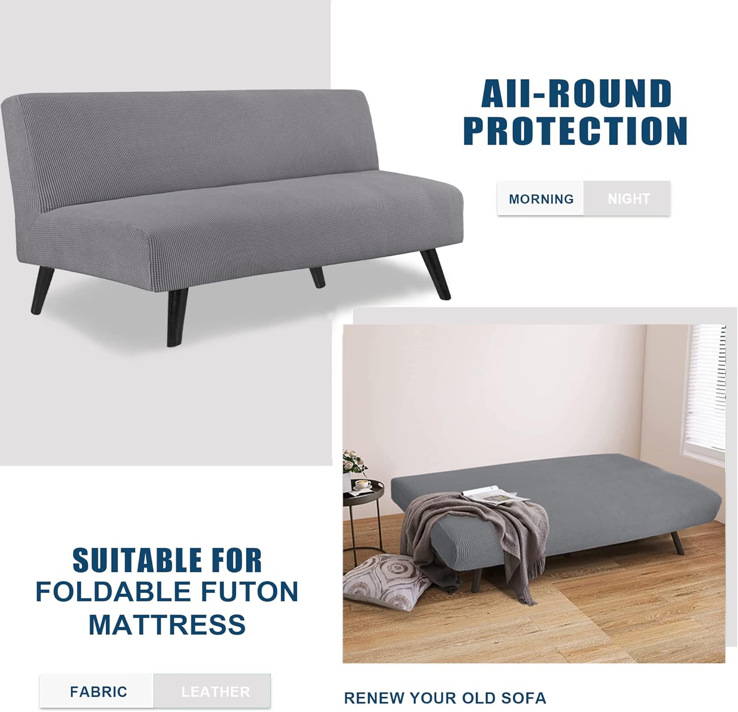 Water Resistant Armless Futon Cover Sofa Bed Slipcover, High Stretch Futon Couch Cover for Camper Non-Slip Furniture Protector, Machine Washable,