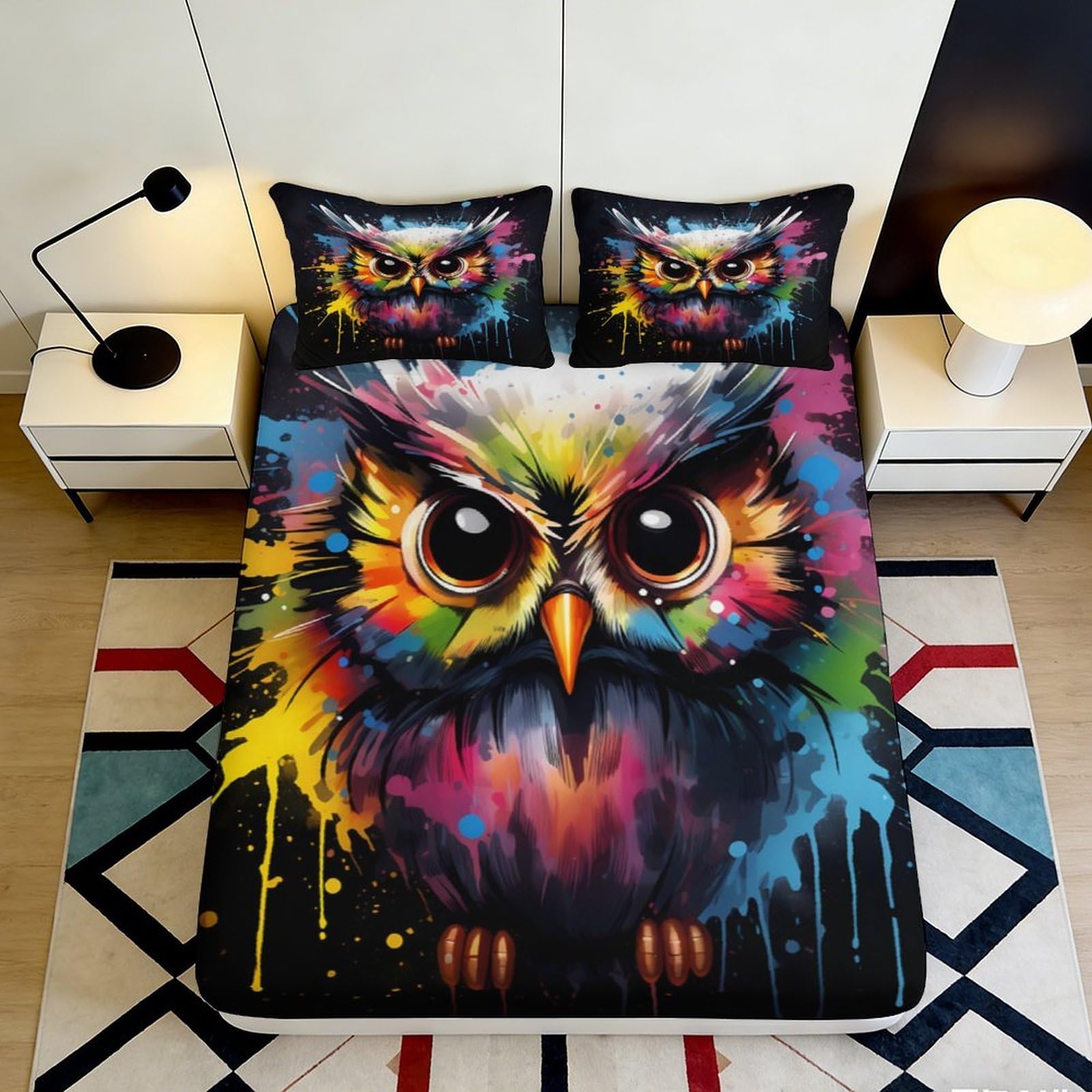 3D Printed Colorful Owl Fitted Sheet Microfiber Soft Breathable Graffiti Bed Sheet for Bedroom Dormitory Guest Room Mattress Protection Decor 180x200x25cm