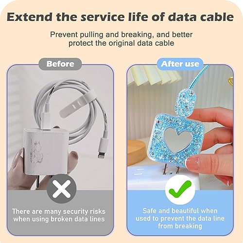 Miniatura 4 de Bling - Protector de cable para Apple iPhone con espejo, bonito diseño de corazón de amor, funda USB para línea de datos, protector de cargador de