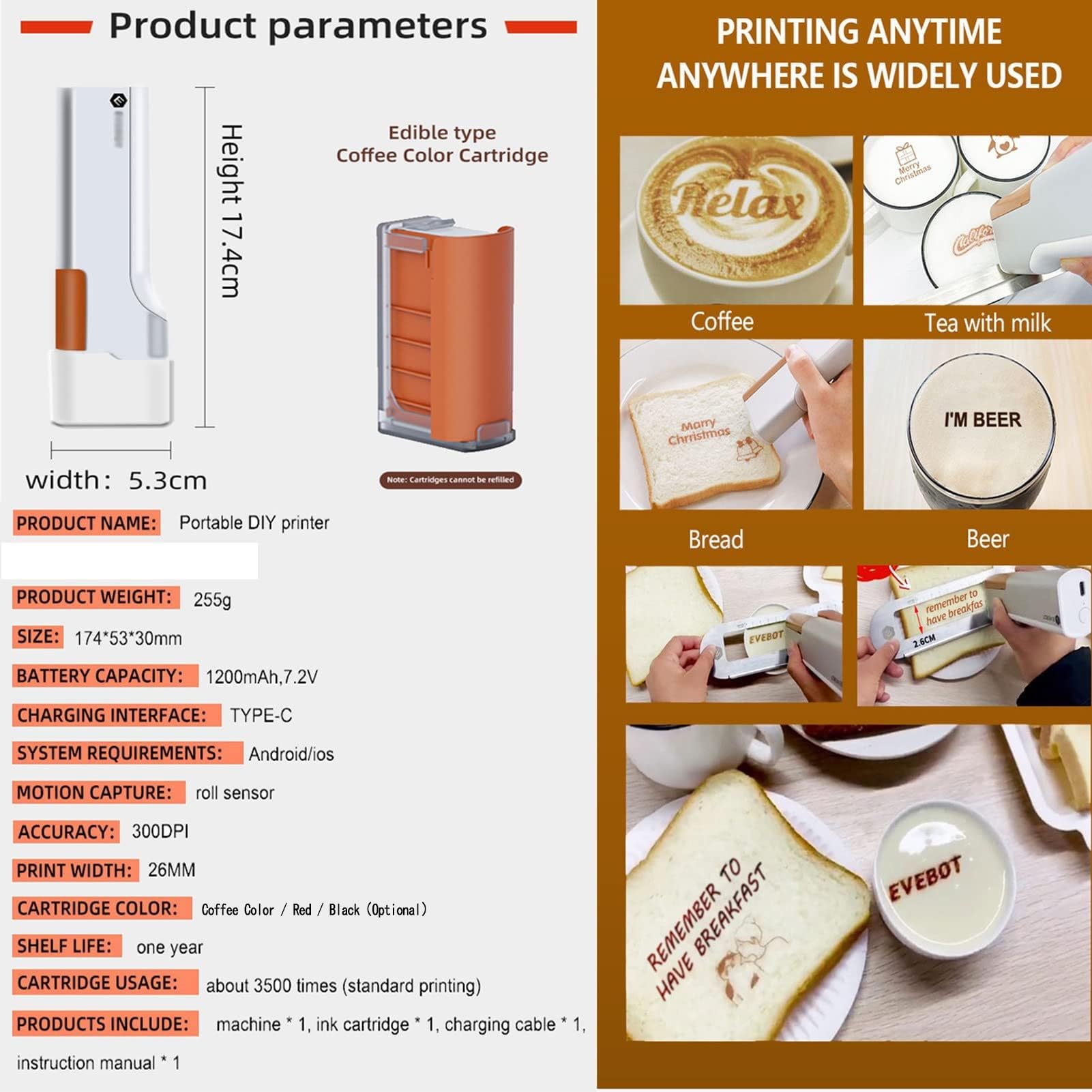 Mini Stampante Portatile, Penna Stampante Leggera, Stampante a Getto d'Inchiostro Commestibile per Latte Art con Controllo App