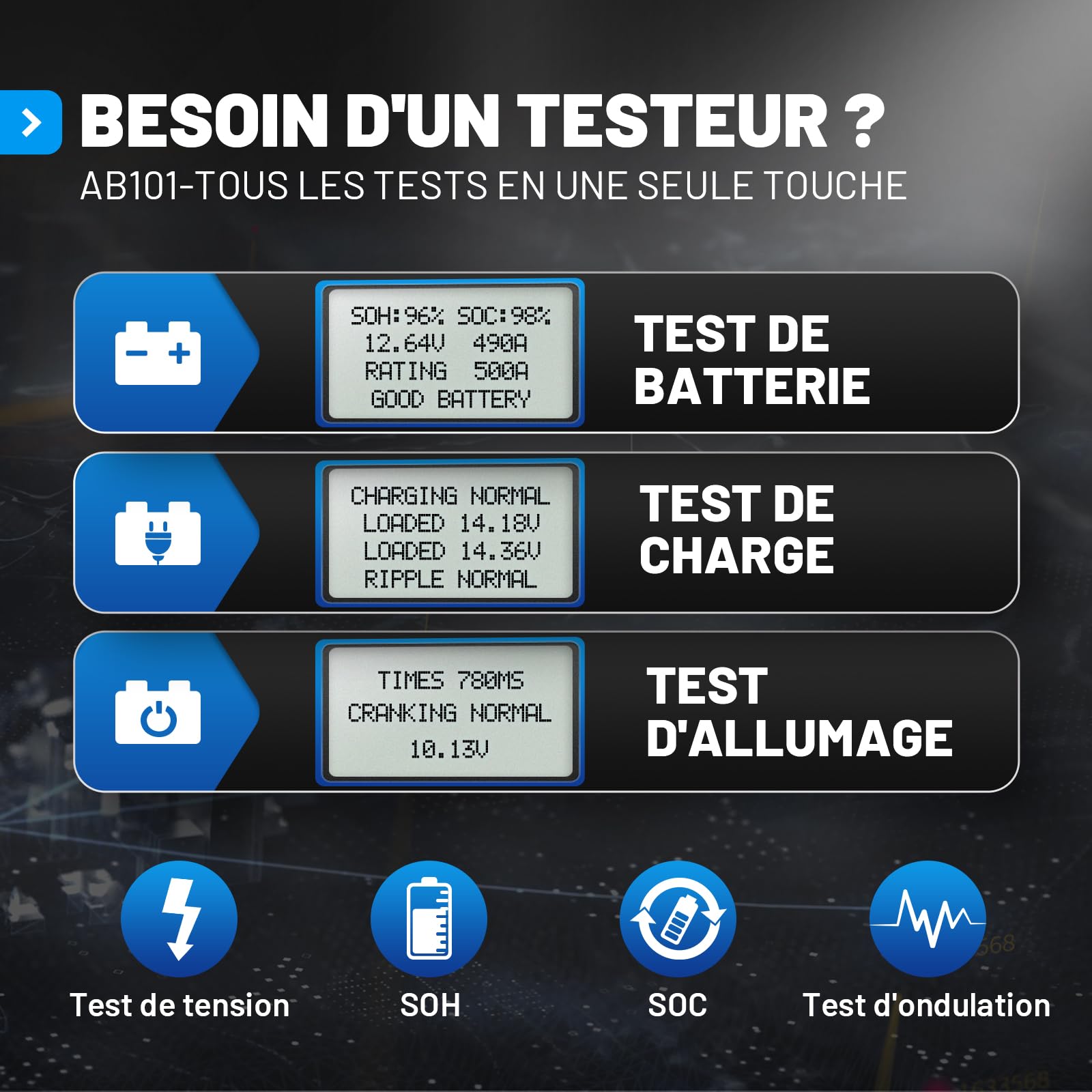 TOPDON Testeur de Batterie AB101 100-2000 CCA Testeur Batterie Voiture 12v