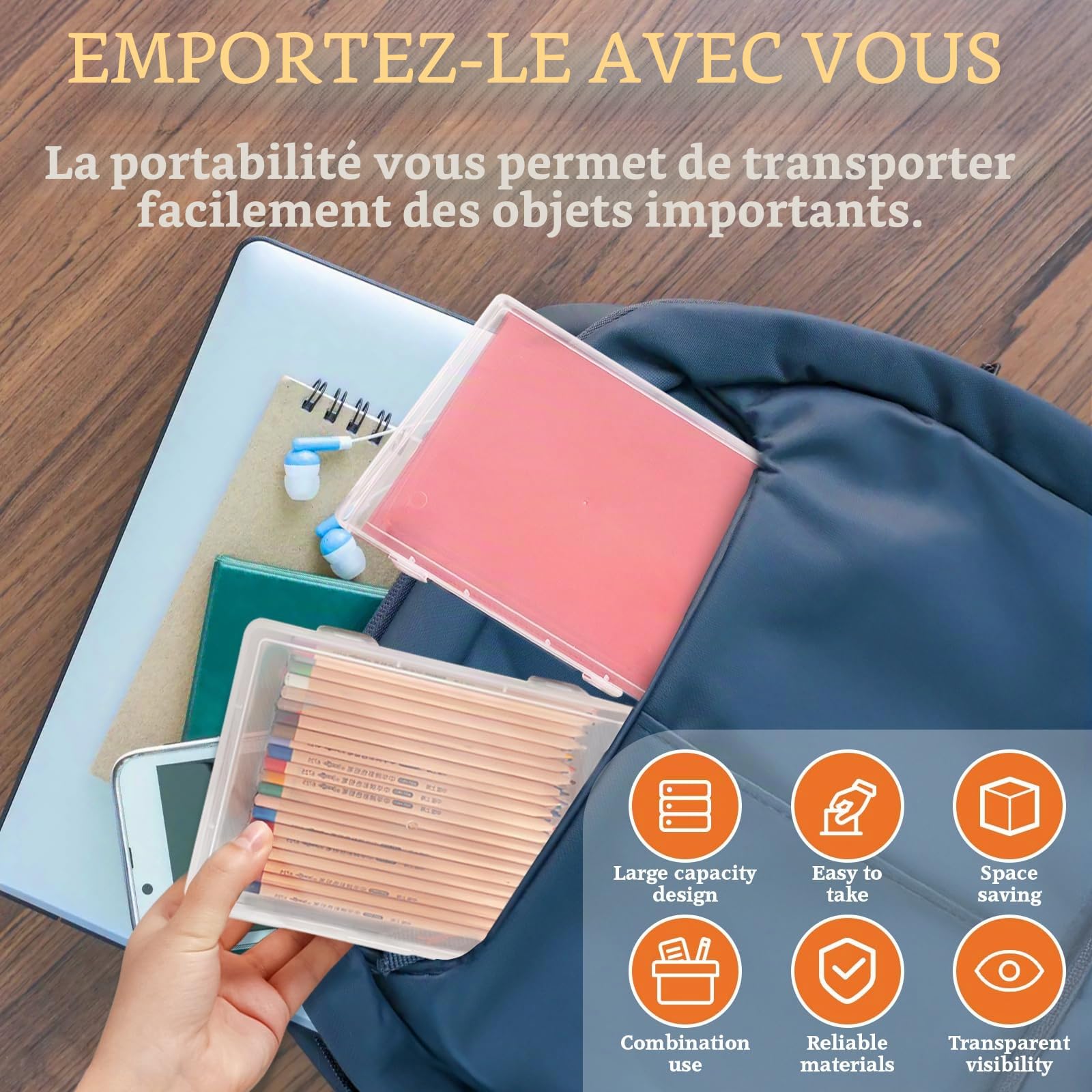 Boîtes de Rangement Pour Les Crayons, Boite Rangement Transparente Pour Crayons Avec Couvercle Imperméable, Empilable, Boite Rangement Plastique Pour Papeterie,Documents,Stylos,Photos (L)