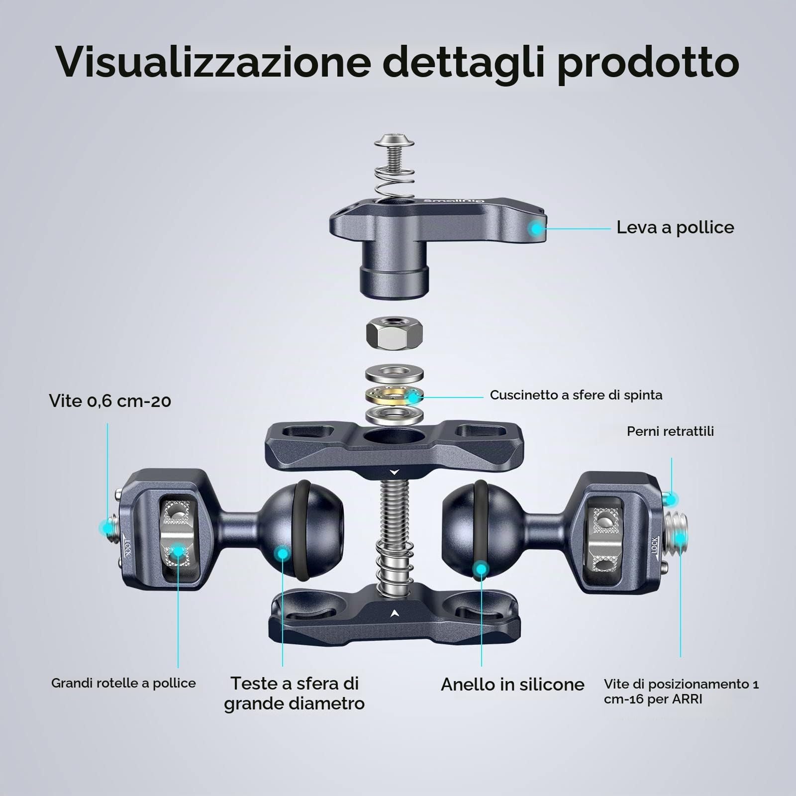 Braccio Magico SmallRig 3874 A Doppia Testa Sferica – Carico 6kg, Attacchi 1/4" E 3/8" ARRI, In Alluminio - 3
