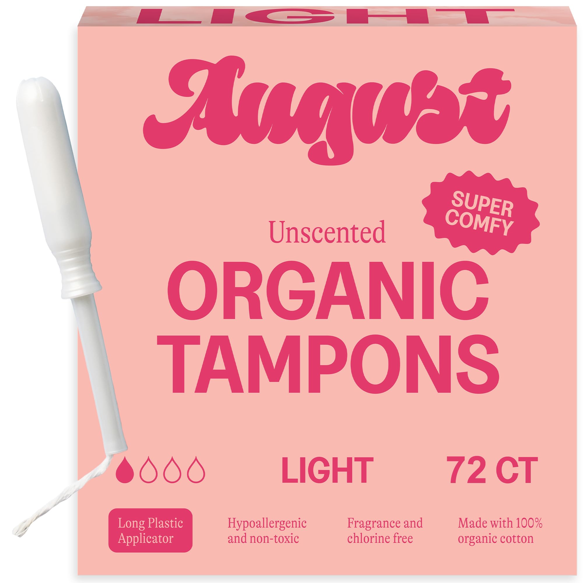 August Light Tampons - 72-Pack 100% Organic Cotton Tampons for Women and Anyone Who Menstruates, Non-Toxic, Fragrance-Free, and Hypoallergenic with
