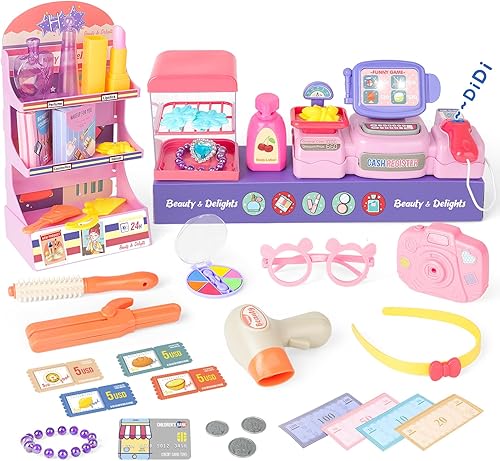 deAO Juego de maquillaje de juguete de caja registradora de simulación (no maquillaje real) para niñas, caja registradora de juguete para niños,