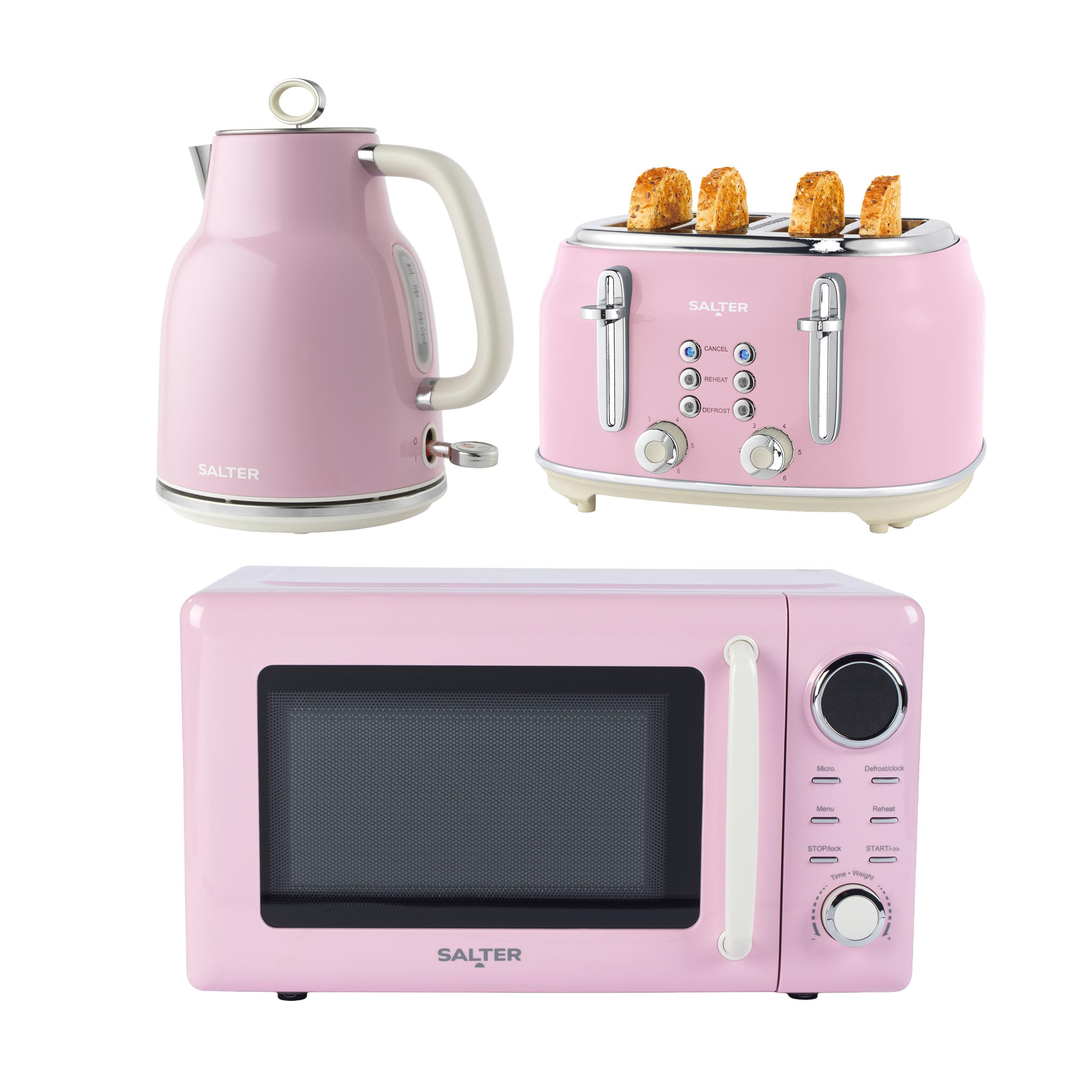 Salter Retro Pink Kettle, Toaster & Microwave Set – 1.7L Rapid Boil Kettle, 4-Slice Toaster, 6 Browning Levels, Safety Features, 20L Digital Microwave with 8 Auto Cook Presets, 25.5 cm Glass Turntable