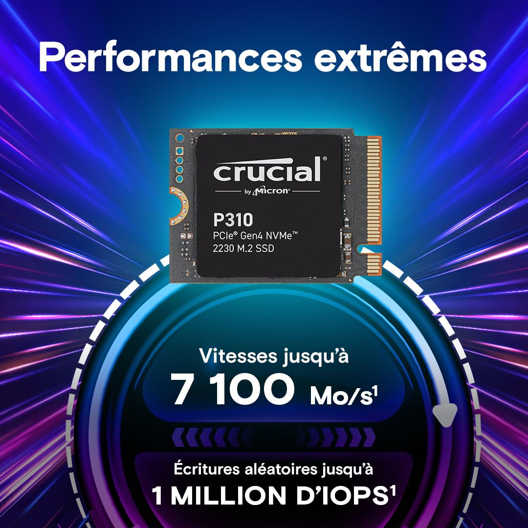 Crucial P310 SSD 2TB PCIe Gen4 NVMe M.2 2230, Jusqu’à 7.100Mo/s, Compatible avec Steam Deck, ASUS ROG Ally, MSI Claw & Microsoft Surface, Disque Dur SSD - CT2000P310SSD2