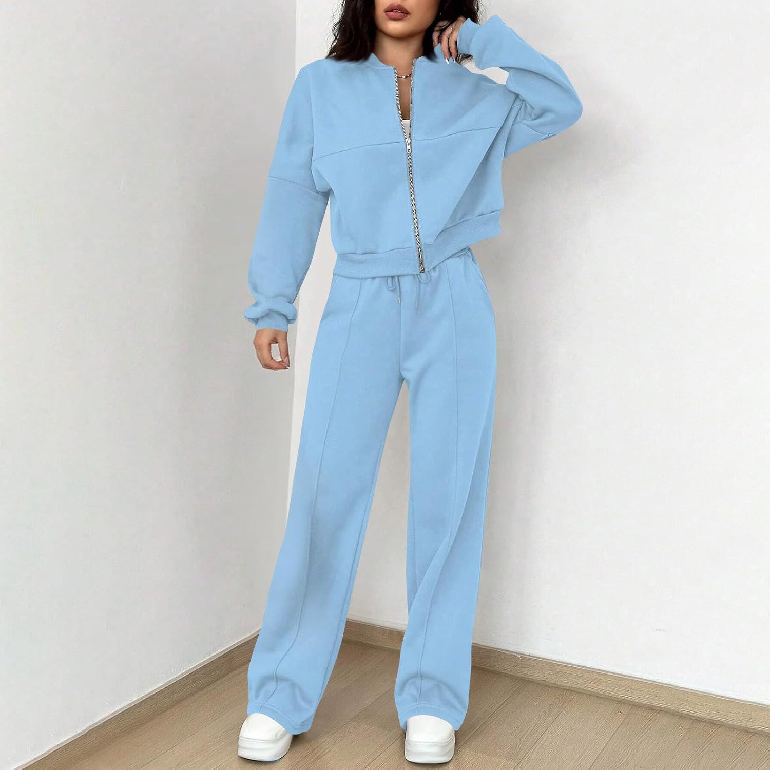 Womens 2 Piece Outfits Casual Long Sleeve Zip up Jacket Wide Leg Sweatpant Tracksuit Set Baggy Fall Fashion Sweatsuit