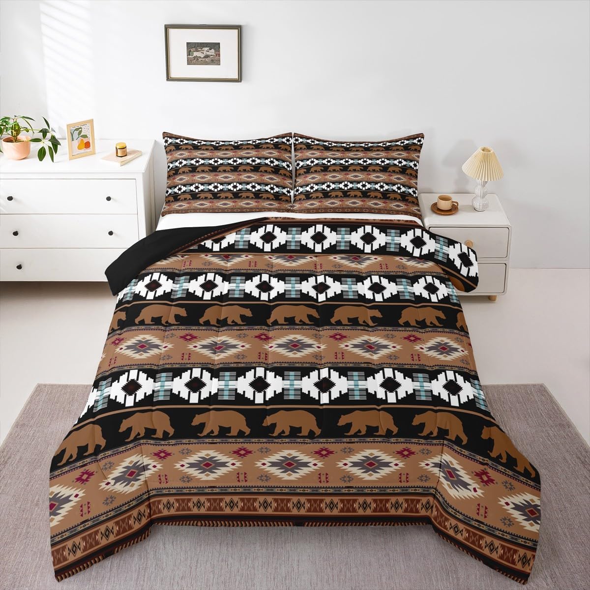 Feelyou Western Comforter Set Queen Size Bear Bedding Set for Kids Boys Girls Bohemian Rustic Country Duvet Quilt Southwestern Aztec Bedroom Decor Microfiber 3 Pcs with 2 Pillow Cases - Image 4