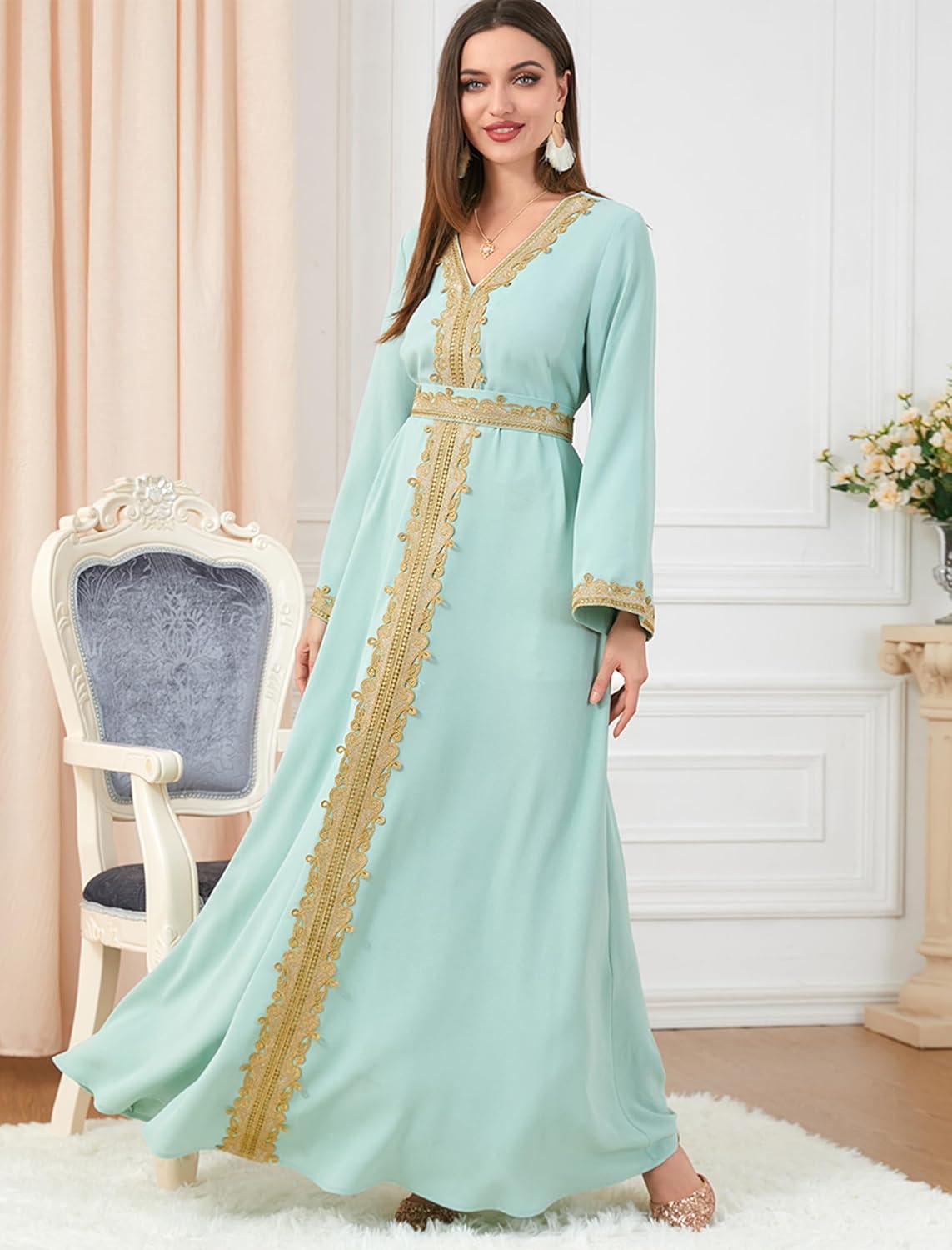 FYMNSI Women Muslim Abaya Dress Islamic Dubai Modest Lace Belted Dress Abayas Kaftan Eid Prayer Clothes Arabian Maxi Robe