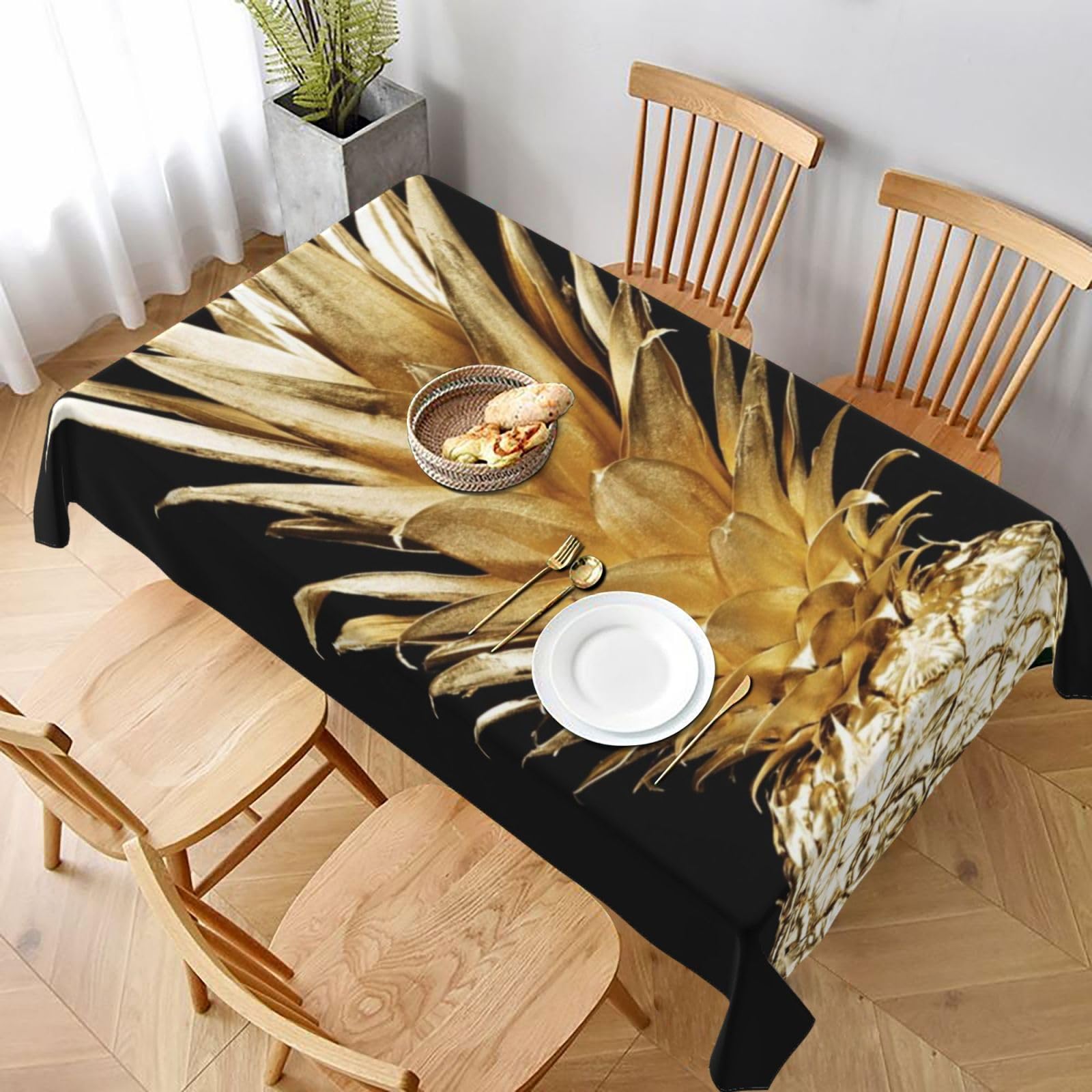 BNVSADC Gold Pineapple Printed Rectangle Tablecloth 228x152 CM, Water Resistant Polyester Table Cloth Decorative Fabric Table Covers for Kitchen Dining Table Parties Camping