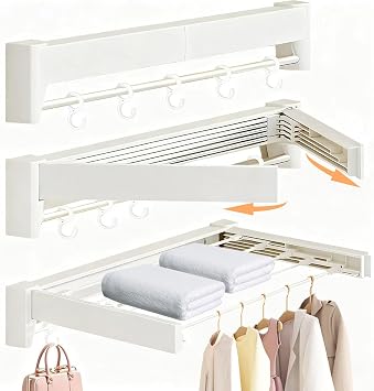 Wall Mounted Clothes Drying Rack 27 inches,Foldbale Laundry Drying Rack 6 Rods,Hidden Drying Rack Clothing,Retractable,Collapsible,Screws Needed Folding Laundry Rack White, Medium