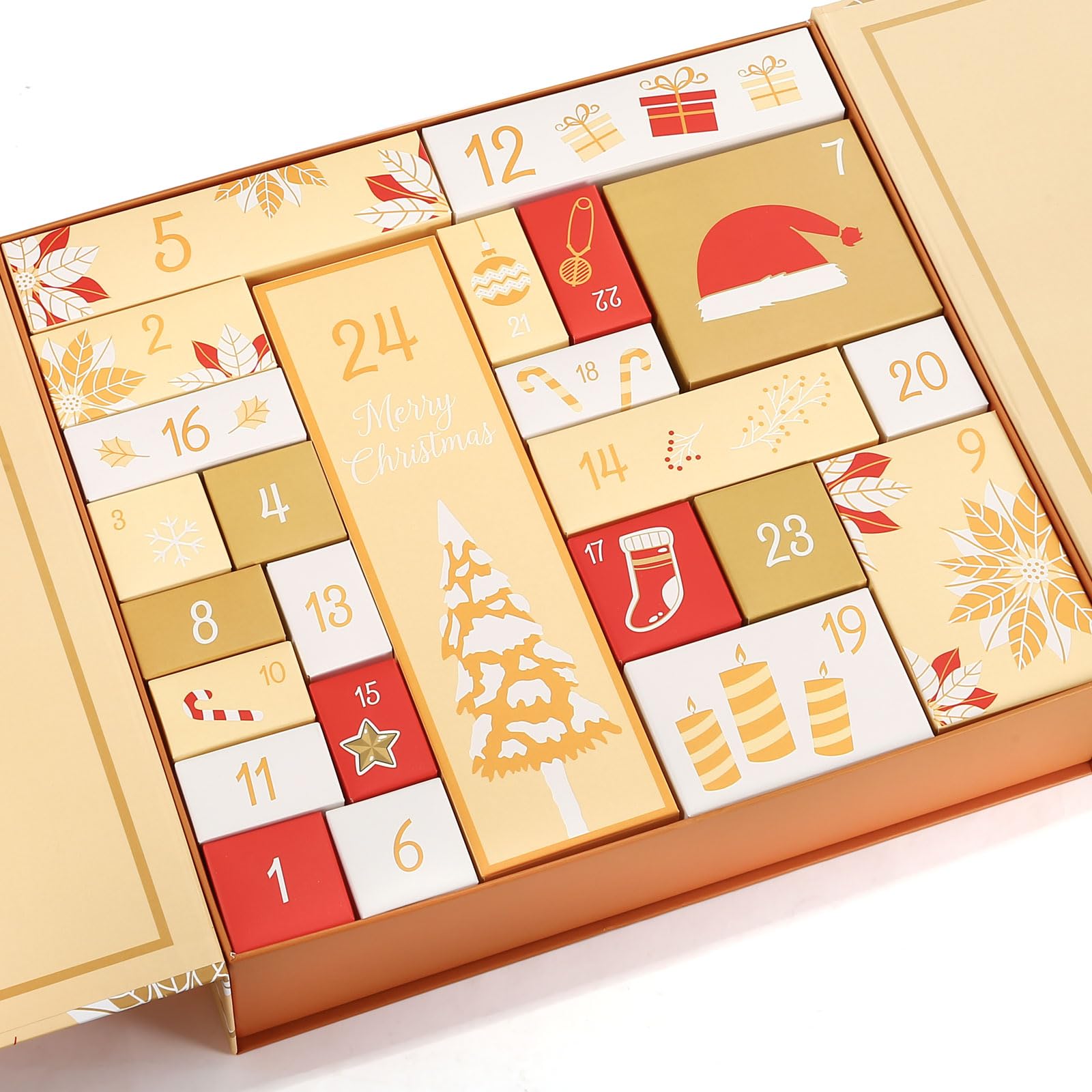 GWHOLE Calendrier de l'Avent de Noël 2025, compte à rebours de 24 jours, boîte cadeau rechargeable pour emballage cadeau, décoration de Noël (jaune)