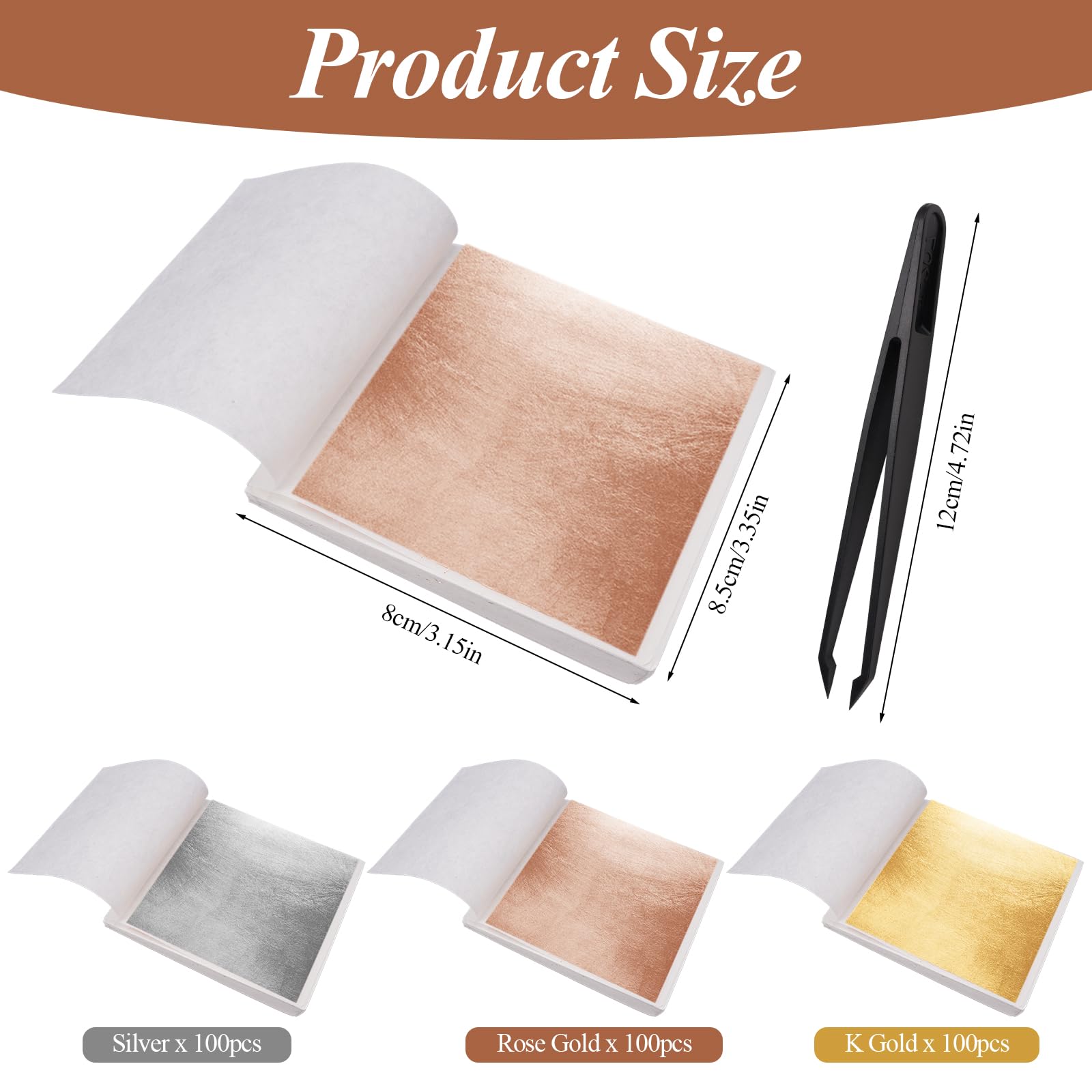 300 Hojas Pan de Oro Manualidades, 8,5 x 8 cm Pan de Oro de Imitación, Lámina Dorada para Dorado con Pinzas de Plástico, Papel de Plata y Oro Rosa para Arte de Uñas, Maquillaje, Proyectos de Artes