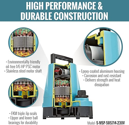 Miniatura 5 de Little Giant Bomba de utilidad manual de aluminio de 5-MSP 230 voltios, 16 HP, 1500 GPH, cable de 12 pies (sin enchufe), azul, 505714