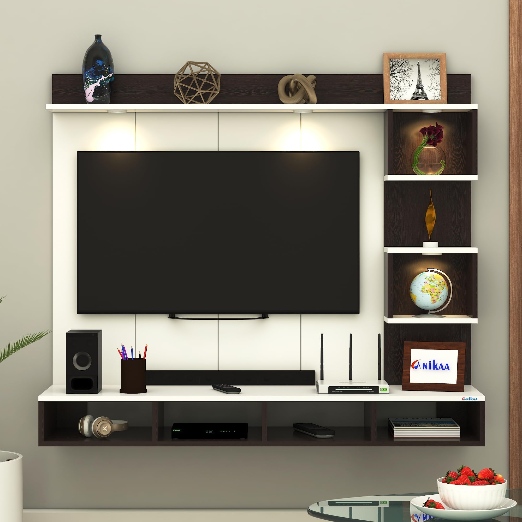 Anikaa Kirina Engineered Wood Wall-Mount TV Unit with PVC Back Panel & LED Lights | TV Cabinet with Storage Box & Decorative Shelves (Wenge/White) ? Ideal for TVs up to 40 Inch | DIY Installation