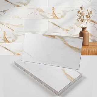 6" x 12" Calacatta Gold Marble Peel and Stick Backsplash Wall Tiles, PVC Faux Stone Stick on Tiles for Backsplash Kitchen, Bathroom, Laundry Room, Camper, Fireplace (Pack of 20)
