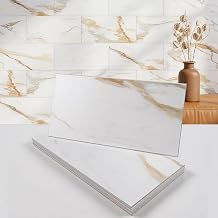 6" x 12" Calacatta Gold Marble Peel and Stick Backsplash Wall Tiles, PVC Faux Stone Stick on Tiles for Backsplash Kitchen, Bathroom, Laundry Room, Camper, Fireplace Pack of 20