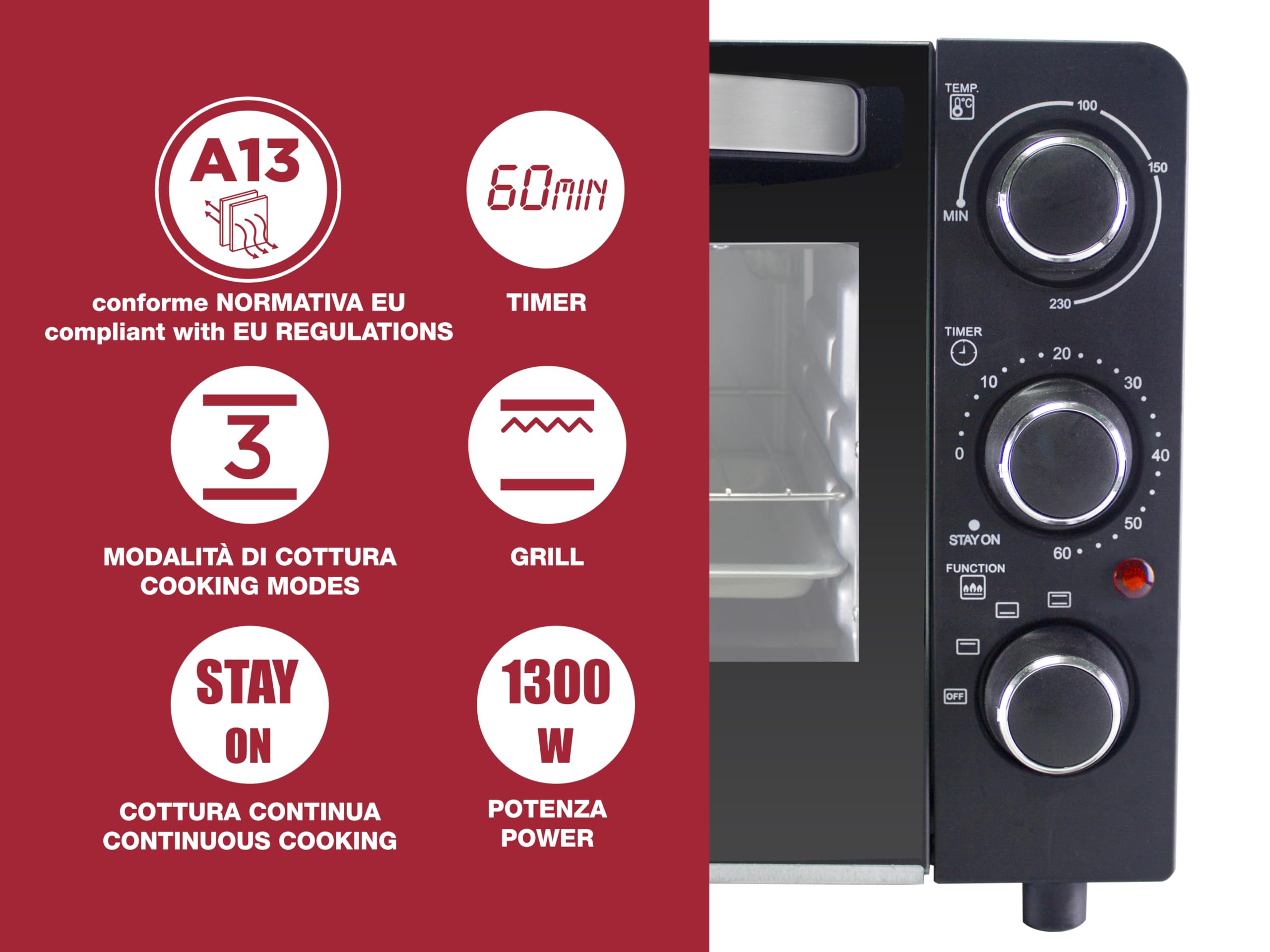 BEPER P101FOR020 Four électrique 20L, 1300W, Minuteur jusqu'à 60 min, 3 Types de cuisson, Accessoires inclus, Température jusqu'à 230°