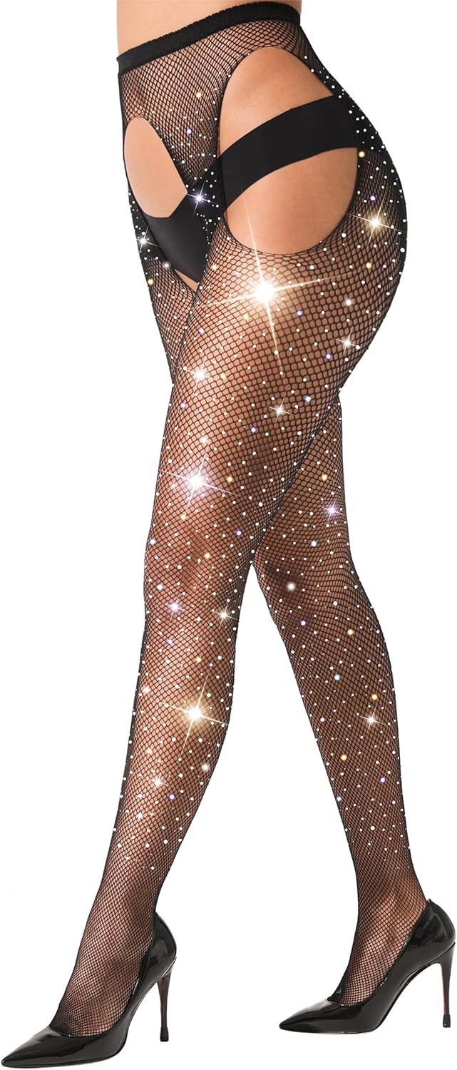 lmotpe Fishnet Stockings for Women Tights Rhinestone Women's Sparkly Stockings High Waist Fishnets