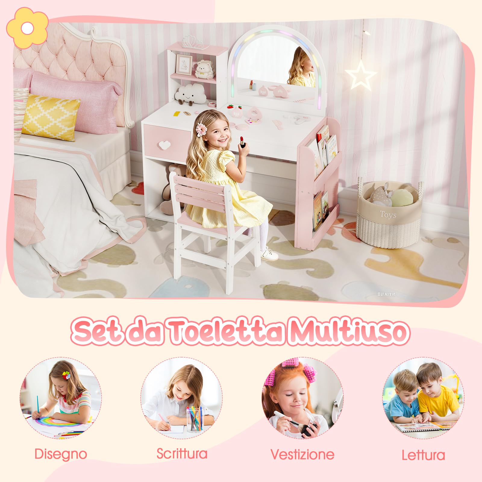 COSTWAY Toeletta Trucco per Bambina con Specchio a Luci LED, Specchiera Bambina con Sedia e 3 Giocattoli, Postazione Trucco in Legno con Ripiani Aperti e Cassetto, per Ragazza 3+ Anni (Bianco+Rosa)