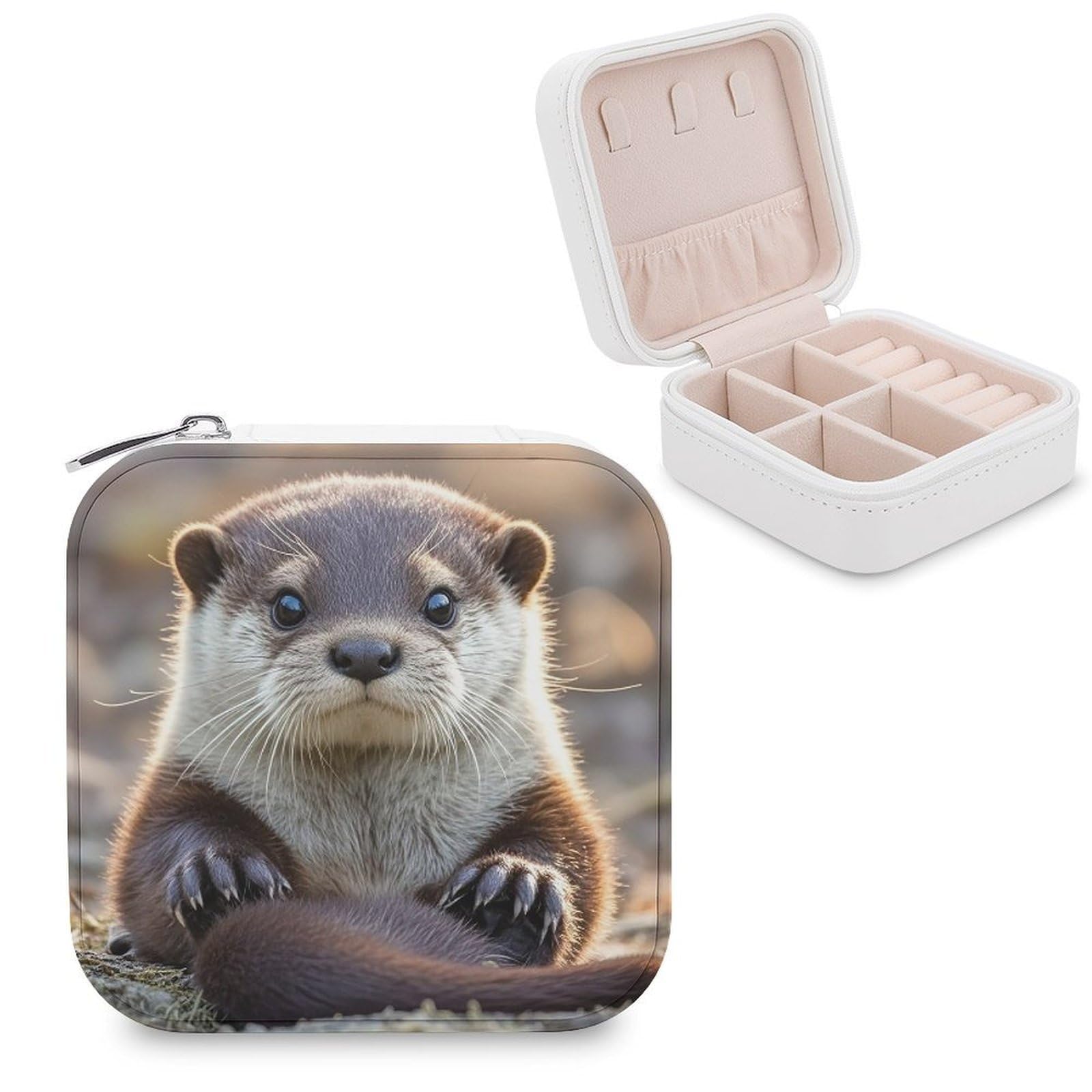 LZQPOEAS Cute Otter Jewelry Box Mini Jewelry Travel Case Trendy Stuff Ring Box Custom PU Leather Jewelry Boxes Portable Jewelry Case Earring Storage Organizer for Girls Women