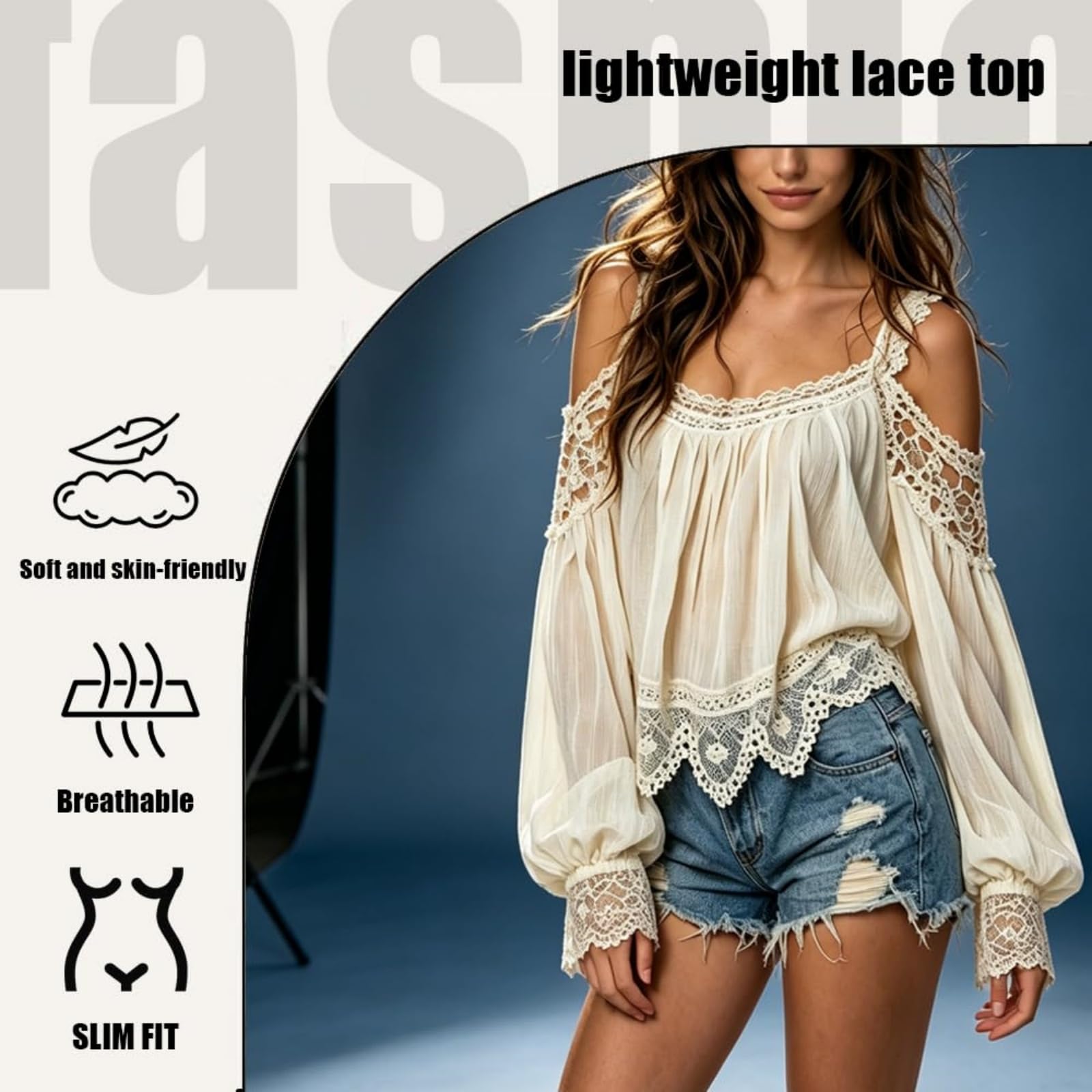 Blusa de Mujer con Detalle de Volantes y Mangas abullonadas - Tirantes, Capas, Encaje, Estilo Vintage, Hombros Descubiertos, bajo Irregular, Estilo Bohemio