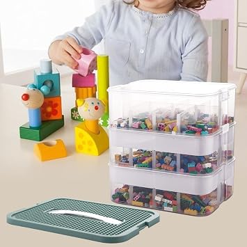 AKOLAFE Lego Storage Box Plastic Storage Boxes with Lids 3 Layers Stackable Toys Organizer Lego Case Container with Baseplate for Building Blocks Bricks Puzzle Board Organizer Accessories