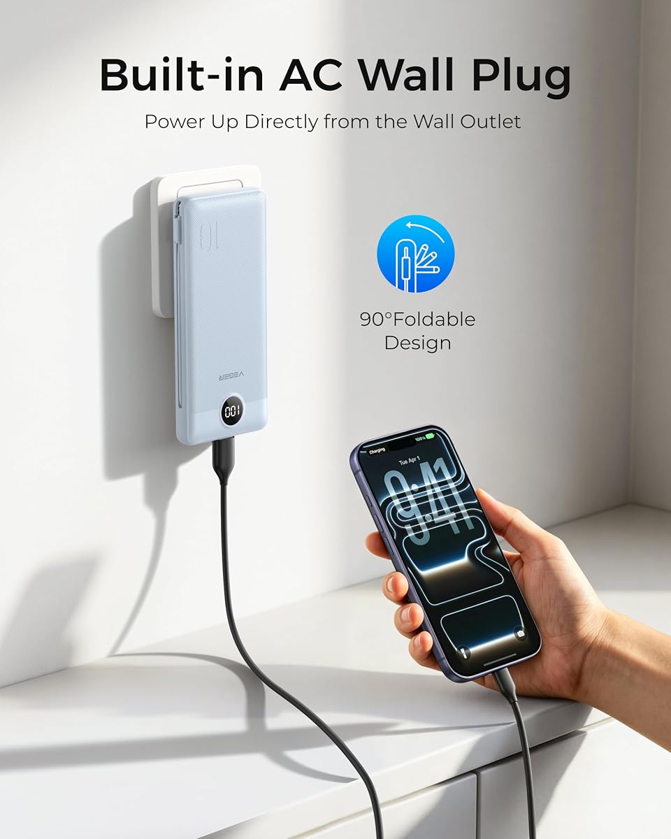VEGER Portable Charger for iPhone, Power Bank Built in Cables and Wall Plug D Blue image 1