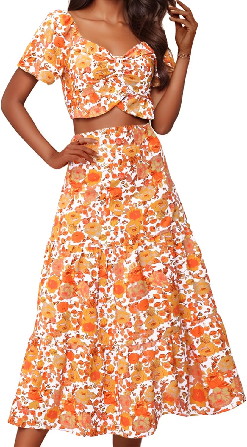 DRESSTELLS Women's 2 Piece Skirt Set, Floral Skirt Set Outfits Suit, Top & Long Skirts, Casual Boho Summer Dress 2025