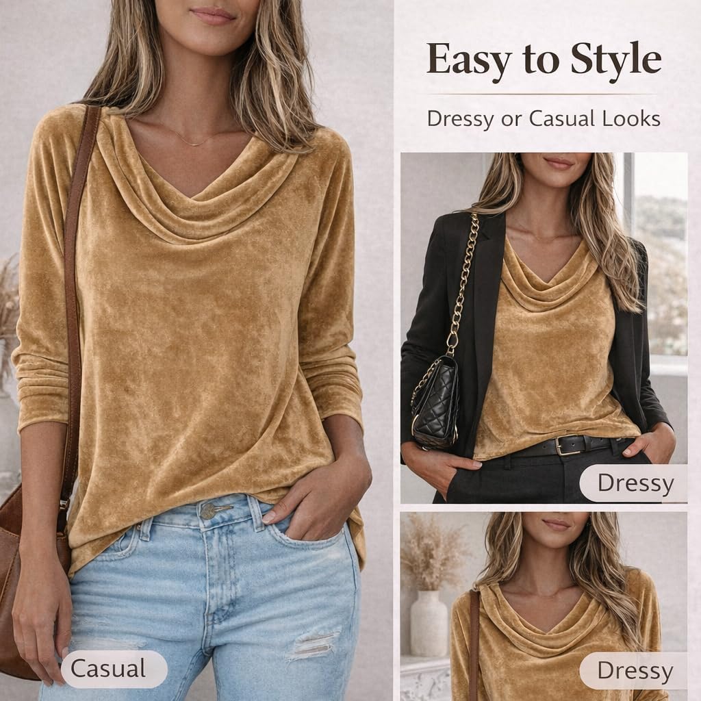 Women’s Velvet Cowl Neck Long Sleeve Top, Draped Casual Dressy Blouse for Fall Winter - Image 5