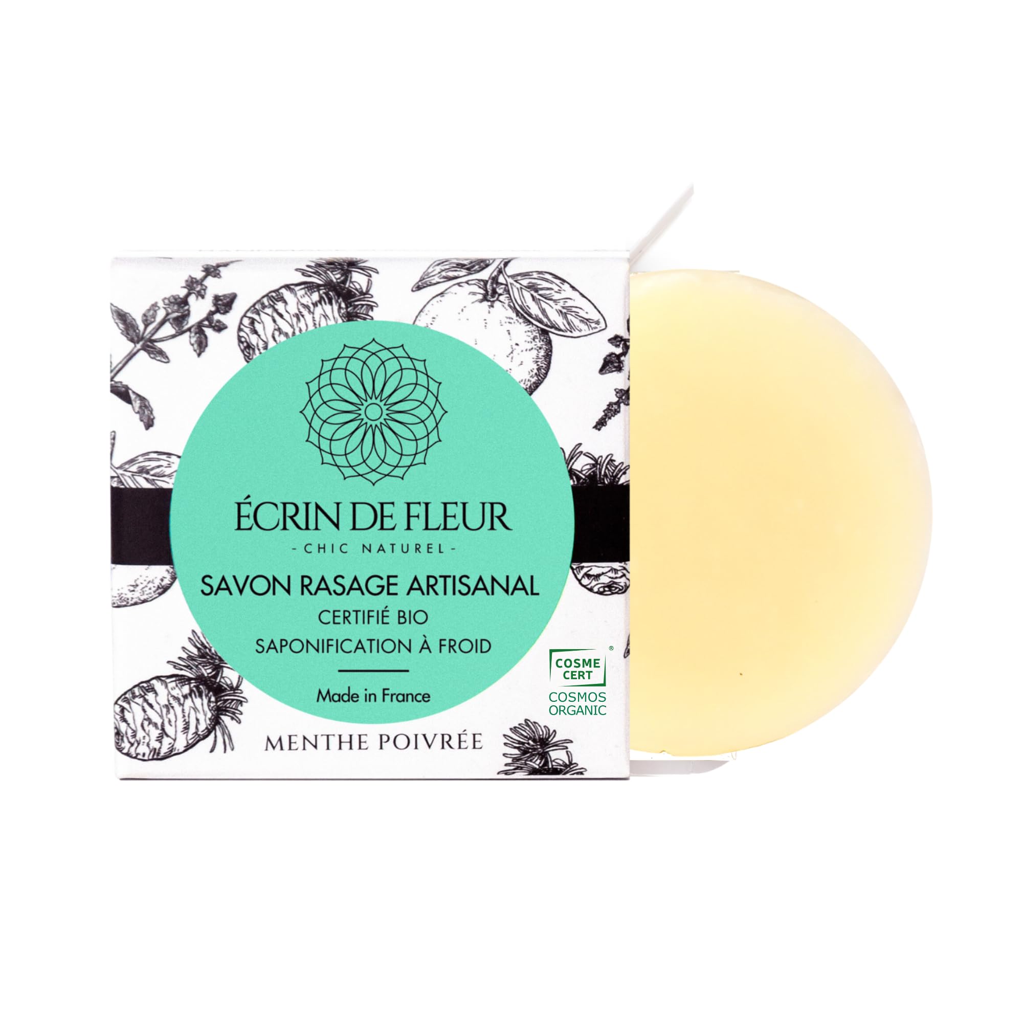 Écrin de Fleur - Pastilla de jabón de afeitar ecológica para hombres, aroma natural de menta, sin productos químicos, sin aceite de palma, 1x55g